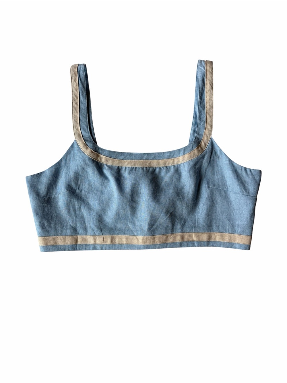 NWOT-Avec Les Filles Blue Linen Contrast Trim Crop Tank Tank Top Size XL